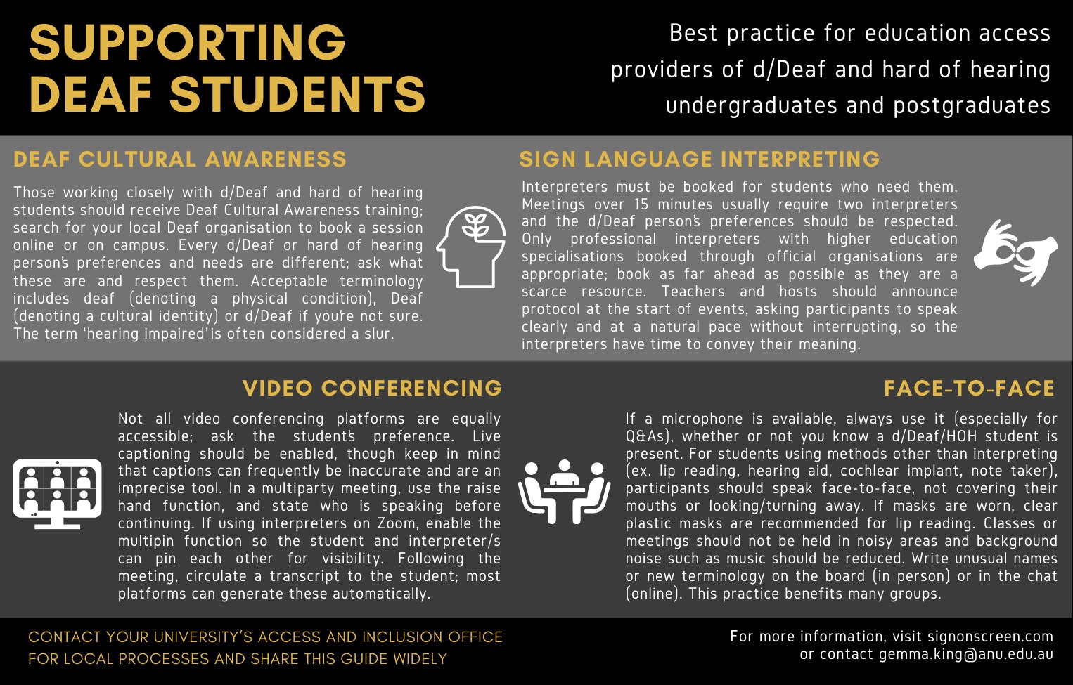 Grey, black and yellow text poster providing advice on accessible classroom environments for Deaf and HOH students. For the plain text of this poster, follow the link on the publication page.