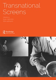 Black and white fragmented photograph of bodies against an orange journal background with the text "Transnational Screens"
