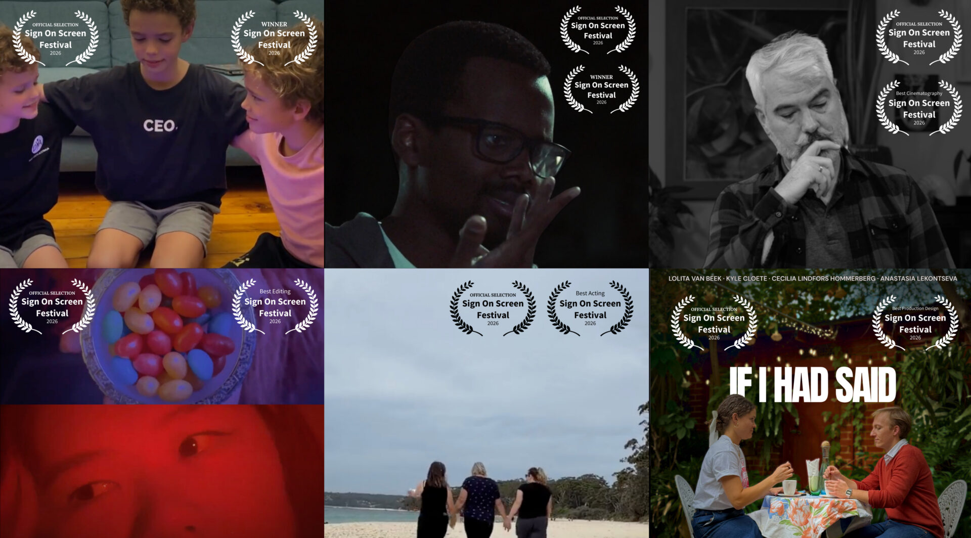 Six screenshots of different film posters with 'Sign on Screen Festival' award laurels