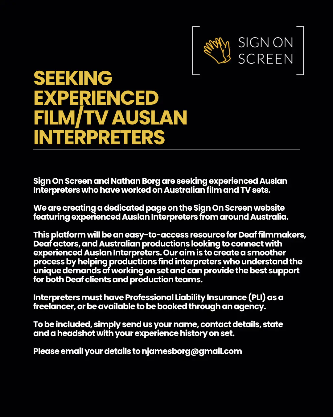 Poster seeking interpreters; text included in website post