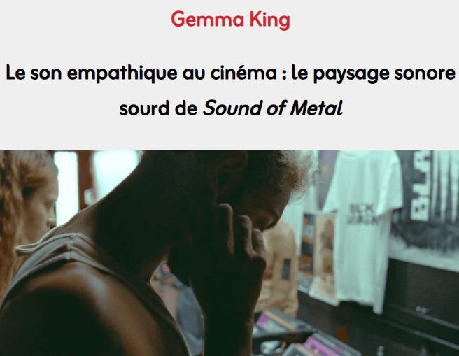 Screen shot of a man touching his eye from the film Sound of Metal, with the article title and author name above it